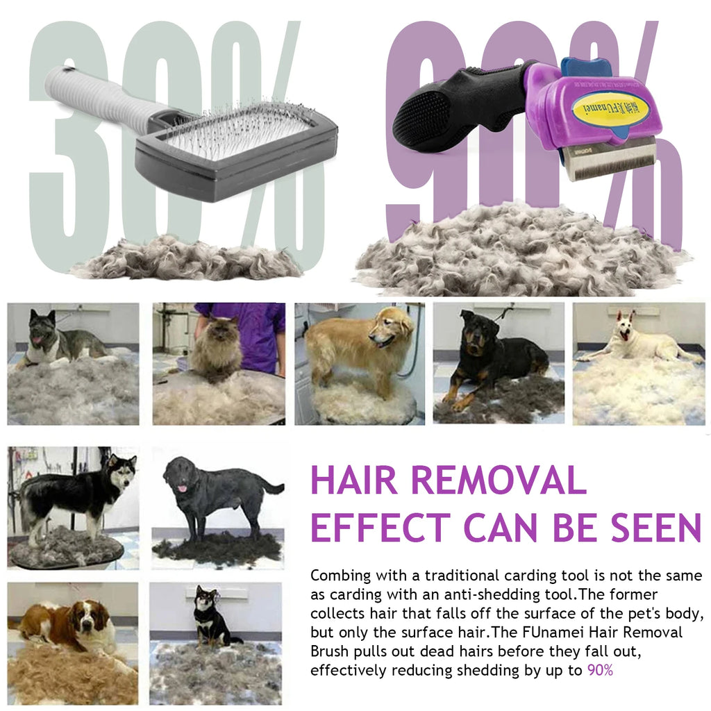 Two pet grooming brushes shown next to piles of collected fur, alongside multiple photos of dogs with shed hair.