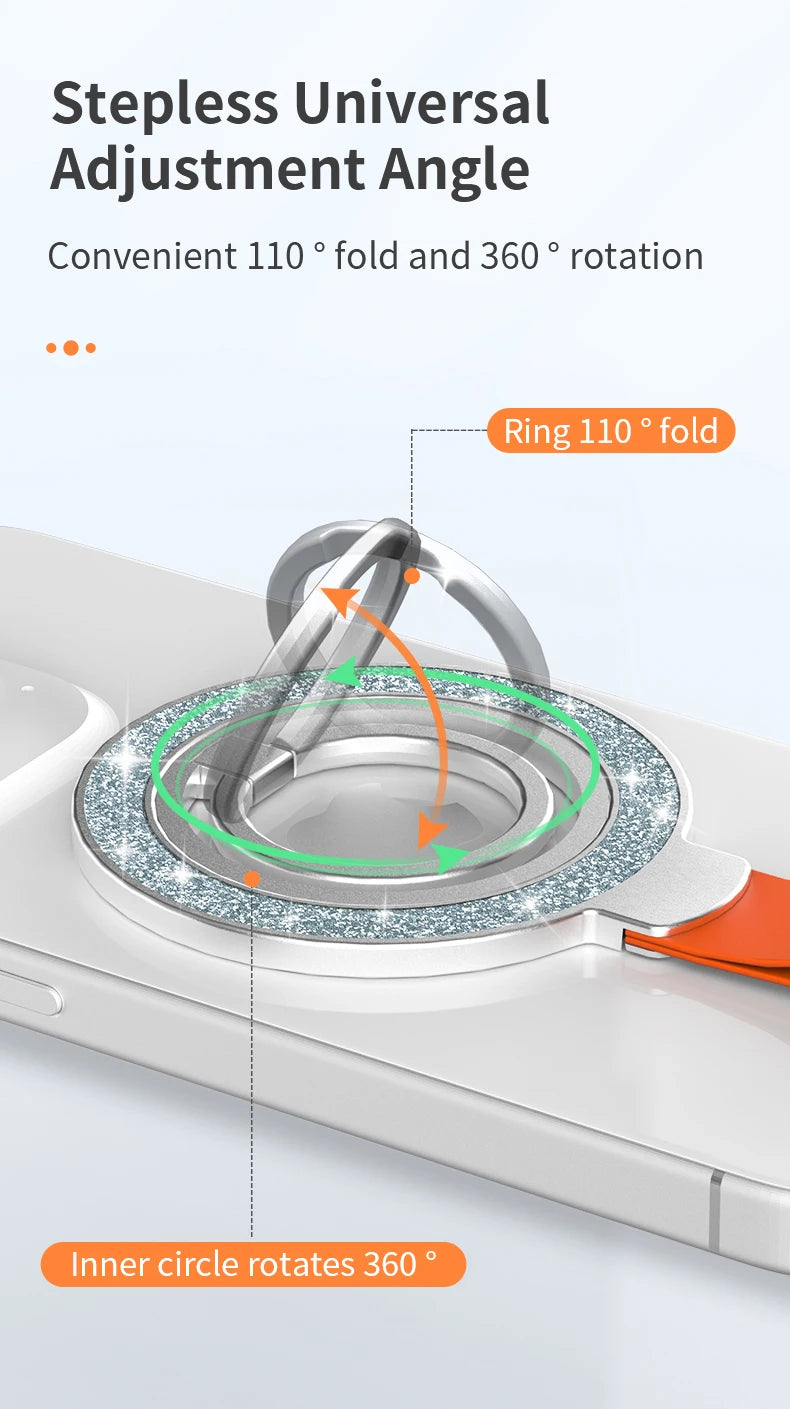 Silver phone ring holder with a sparkly, glittery circular base that folds 110 degrees and rotates 360 degrees.