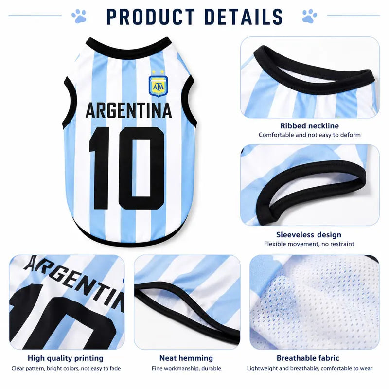 Blue and white striped dog sports jersey with black trim, number 10, and Argentina text print.