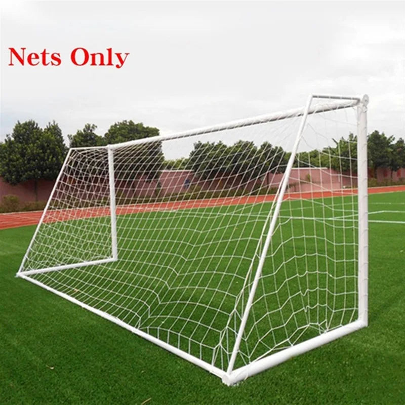 White football goal net on a grass pitch. Note: product is for nets only, frame not included.