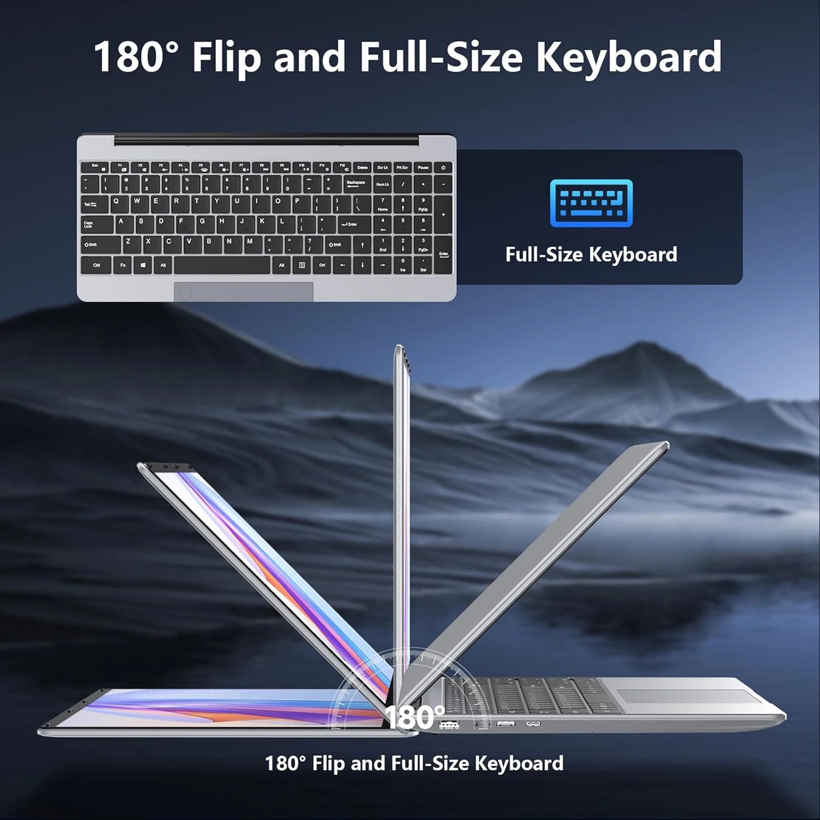 Silver 15.6-inch laptop with a full-size keyboard and 180-degree hinge for flat-lay viewing.
