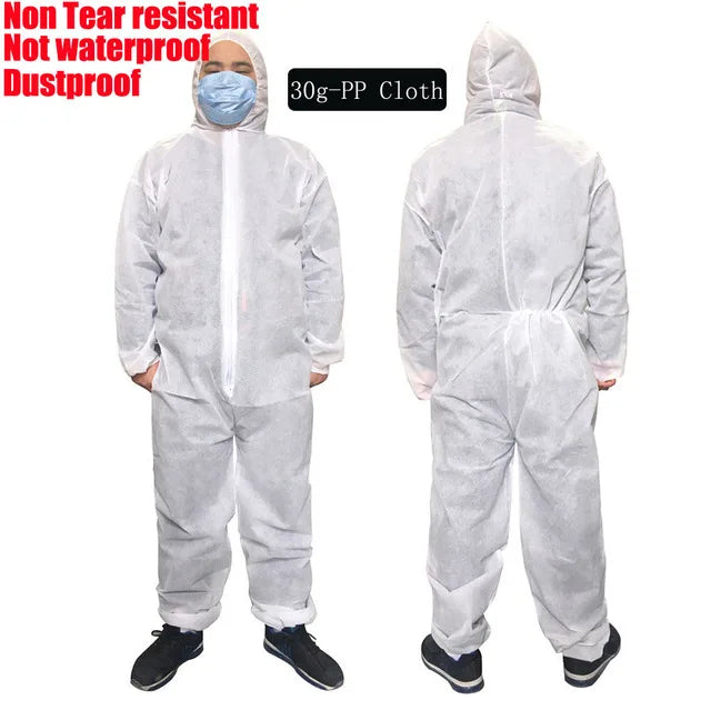 A person wearing a white, disposable PP hooded protective coverall, shown from front and back views.