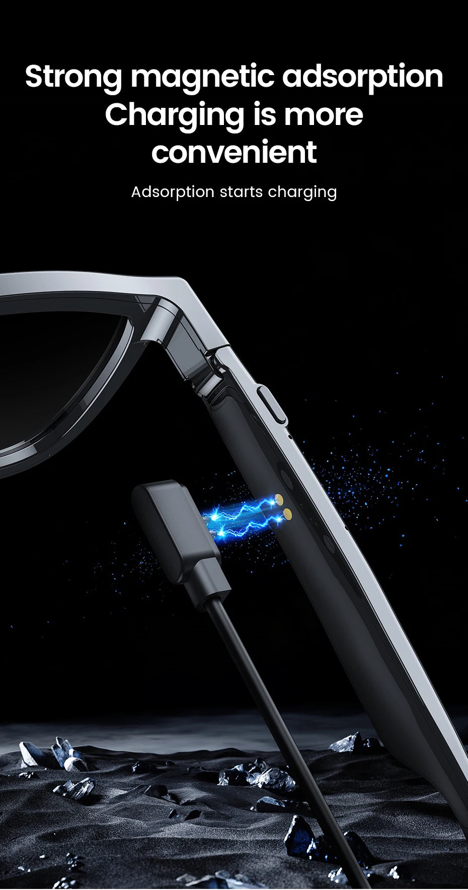 Smart audio glasses in black featuring a sleek frame and convenient magnetic charging cable.