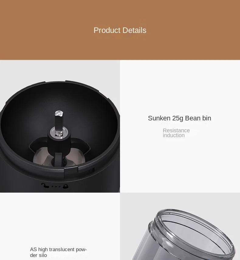 Black coffee grinder component with a sunken 25g bean bin, stainless steel blades, and a translucent powder silo.