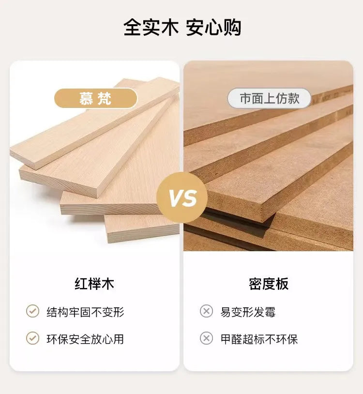 A comparison of solid light wood planks versus standard particle board, highlighting quality material for bed frames.