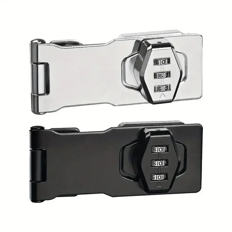 Silver and black metal door latches with three-digit combination locks, shown on a white background.