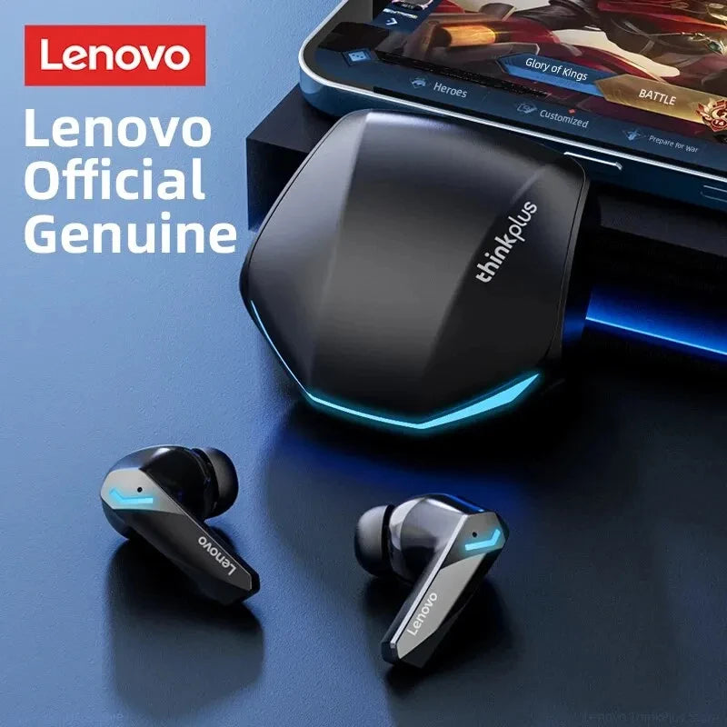 Black wireless gaming earbuds with blue LED accents and a matching angular charging case on a dark blue background.