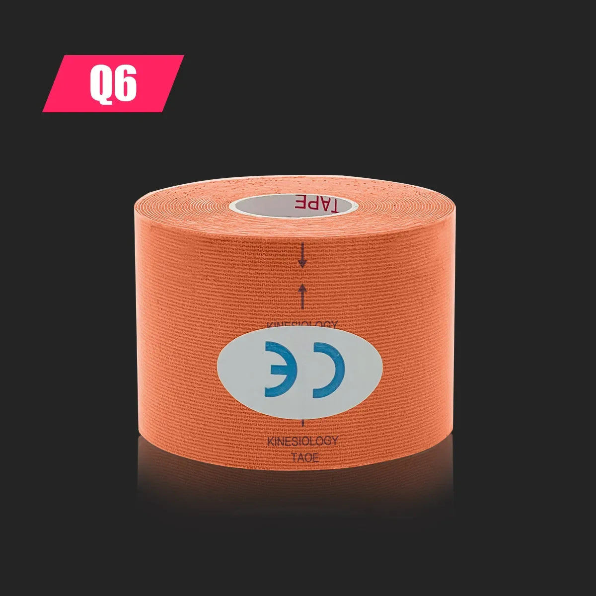 A roll of orange kinesiology sports tape featuring a white CE mark sticker on a black background.