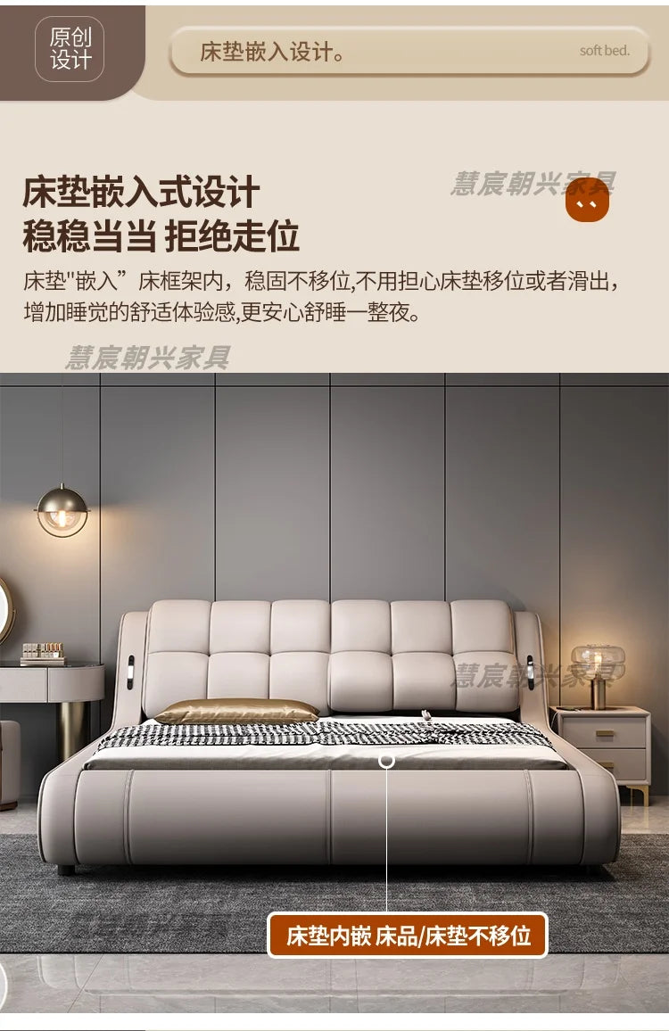 Modern beige genuine leather bed frame with a tufted headboard and a recessed design to hold the mattress in place.