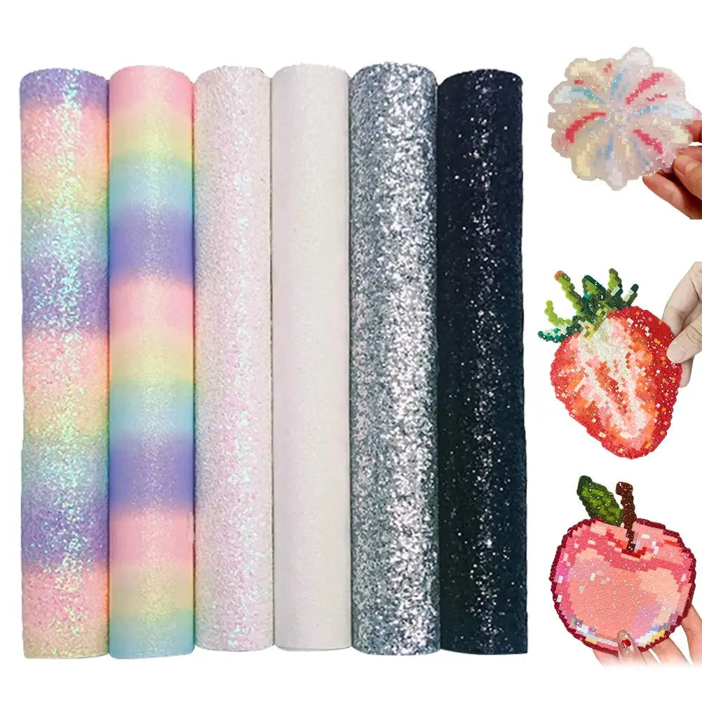 Set of six colourful, glitter-textured craft fabric sheets and three finished beaded fruit and floral appliques.