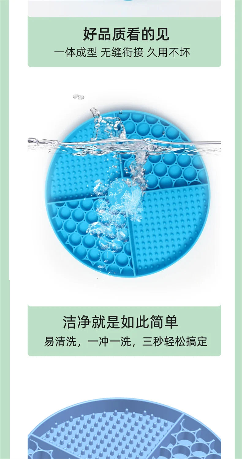 Blue silicone circular pet lick mat with textured patterns, shown being rinsed under water.