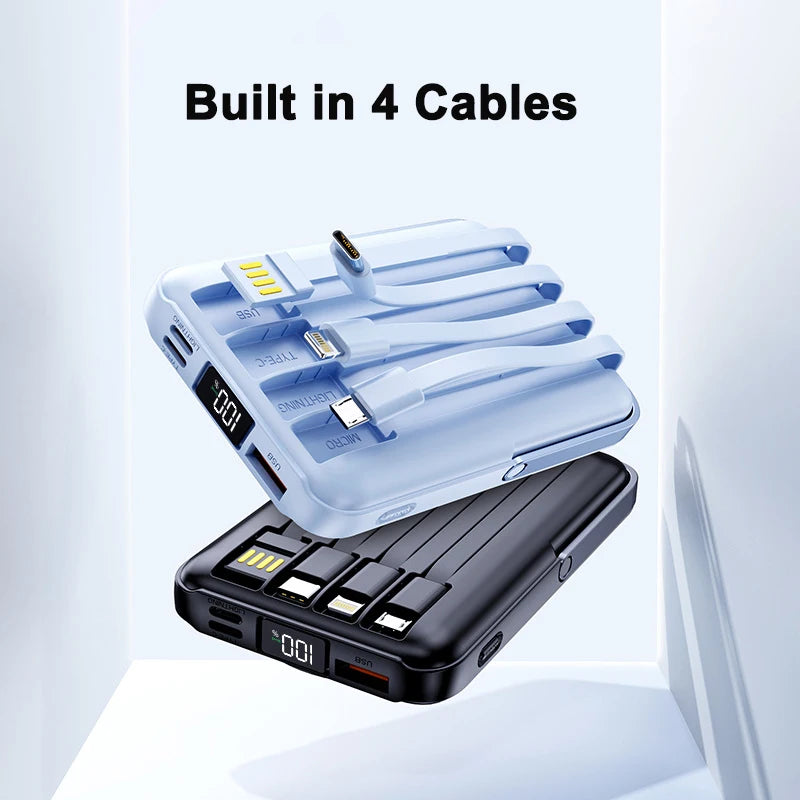 Light blue and black 20,000mAh magnetic power banks, each featuring an integrated digital display and four built-in cables.