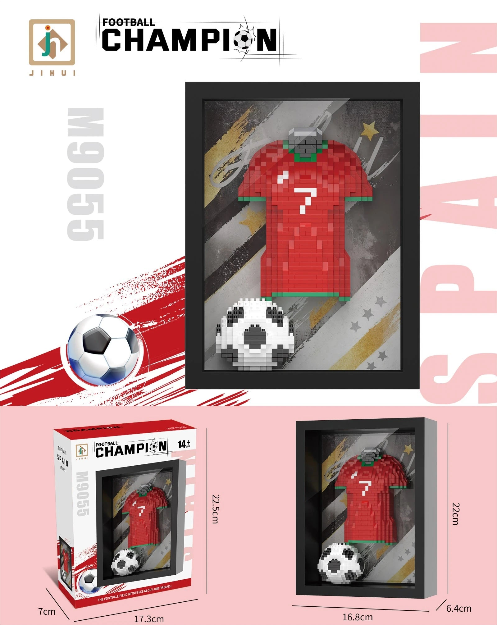 Framed 3D brick art set featuring a red football shirt with number 7 and a matching football in a black display case.