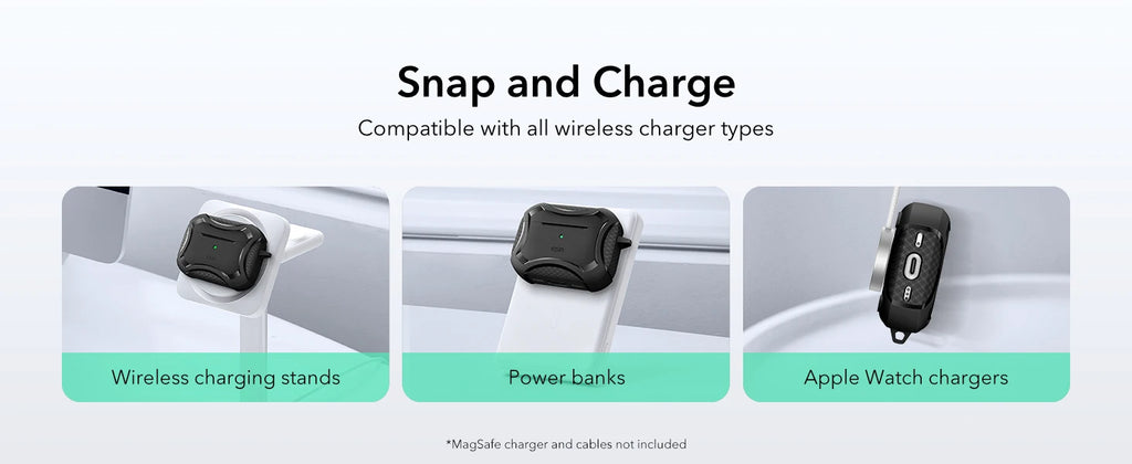 Black rugged protective case for AirPods Pro, compatible with MagSafe and various wireless chargers.