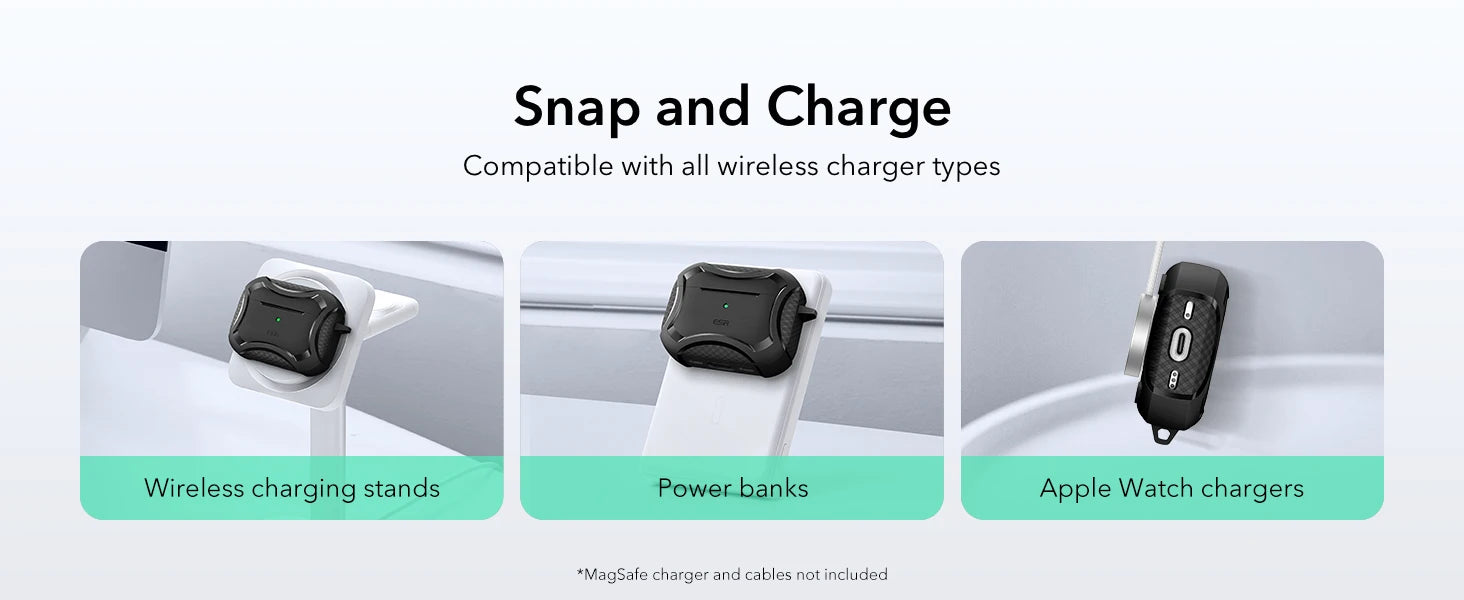 Black rugged protective case for AirPods Pro, compatible with MagSafe and various wireless chargers.