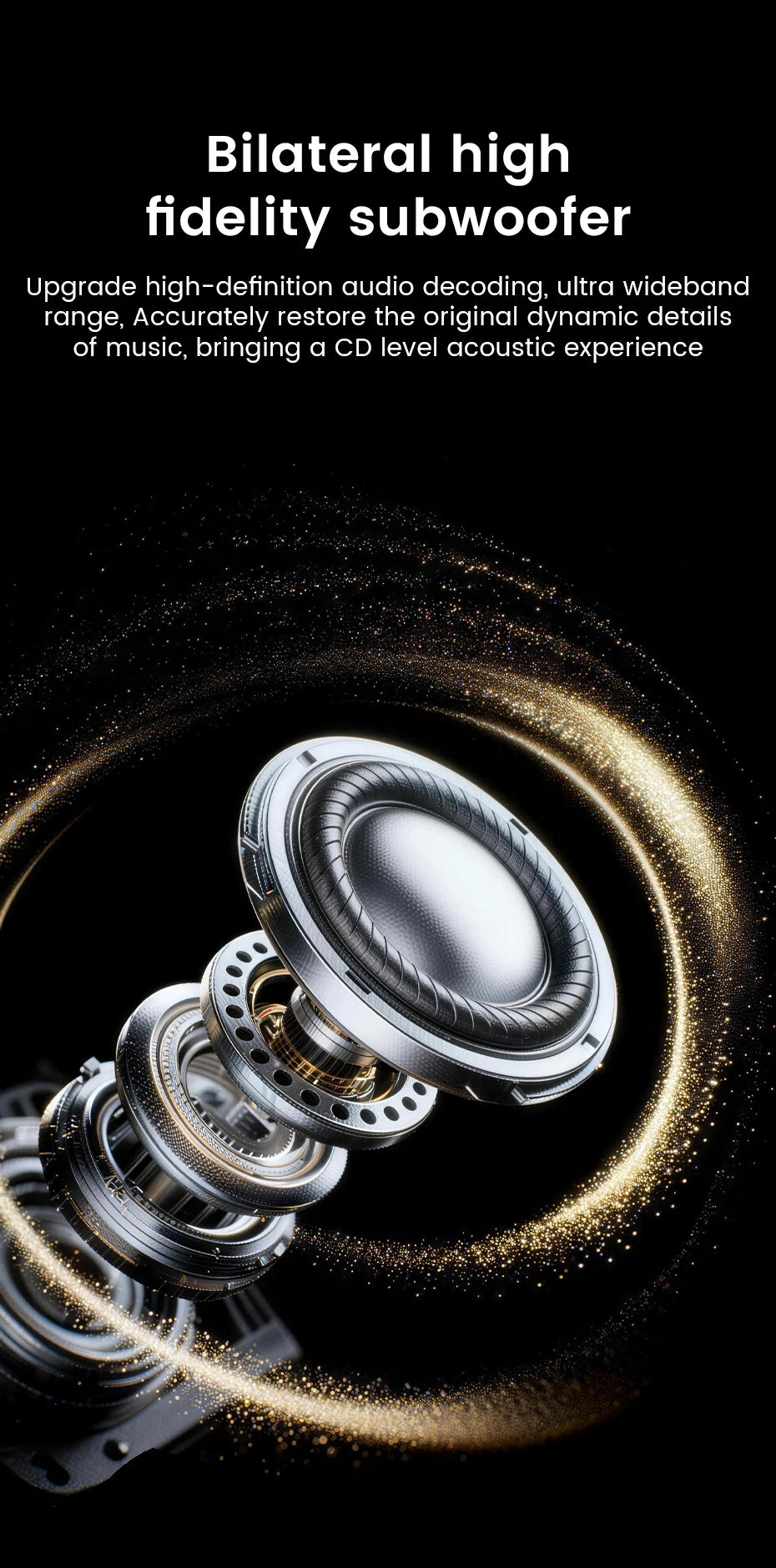 A detailed 3D graphic showing the silver internal components of a high-fidelity speaker with gold sound wave accents.