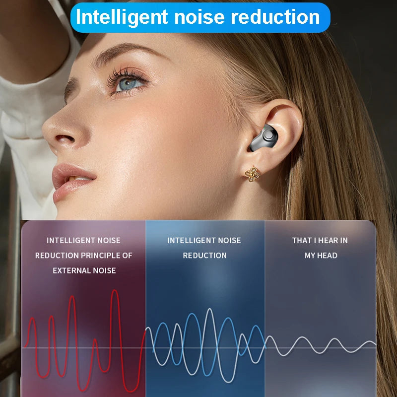 A woman wearing a sleek, grey in-ear wireless earbud for noise reduction, with a sound wave diagram below.