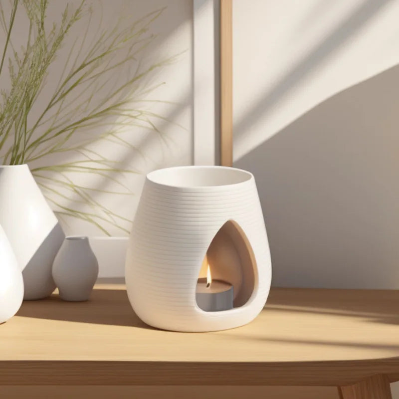 White ceramic oil burner with a ribbed texture and teardrop-shaped tealight cutout on a wooden table.