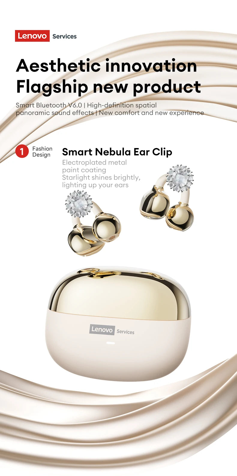 Elegant gold and cream ear clip headphones with crystal accents and a matching charging case.
