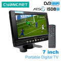 Black 7-inch portable TV on a stand, displaying a soccer match, with a matching remote control.