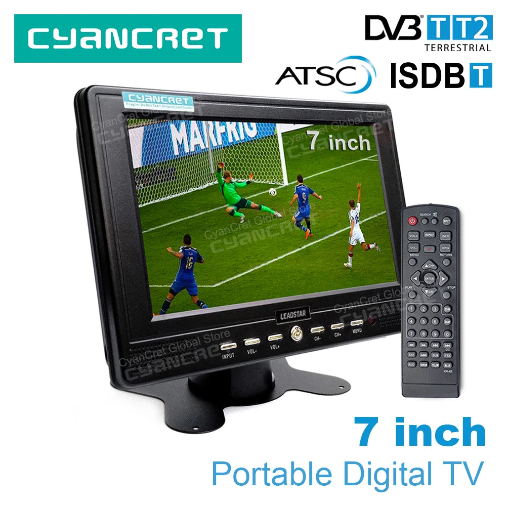 Black 7-inch portable TV on a stand, displaying a soccer match, with a matching remote control.
