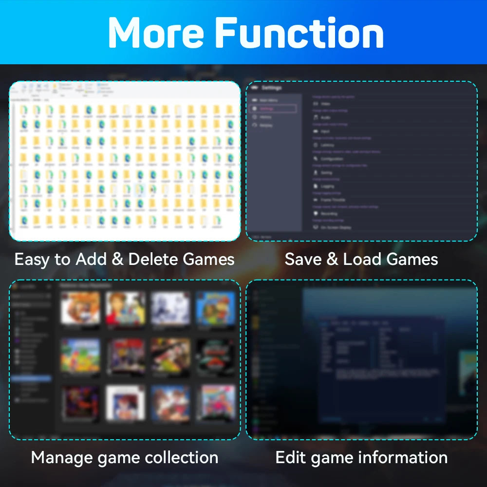 Four software interface screenshots showing game management, settings, libraries, and editing on a retro game console.