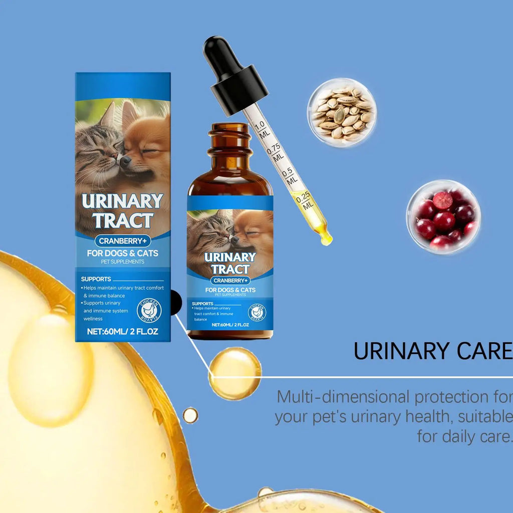 Cranberry-based urinary tract supplement for dogs and cats in a 60ml dropper bottle with packaging.