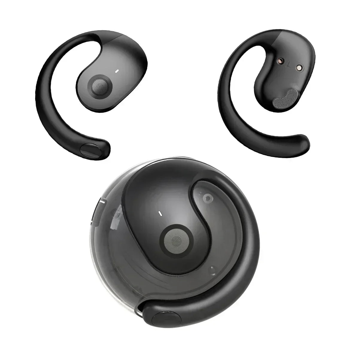 Black open-ear wireless earbuds with ear hooks, shown with their matching circular charging case.