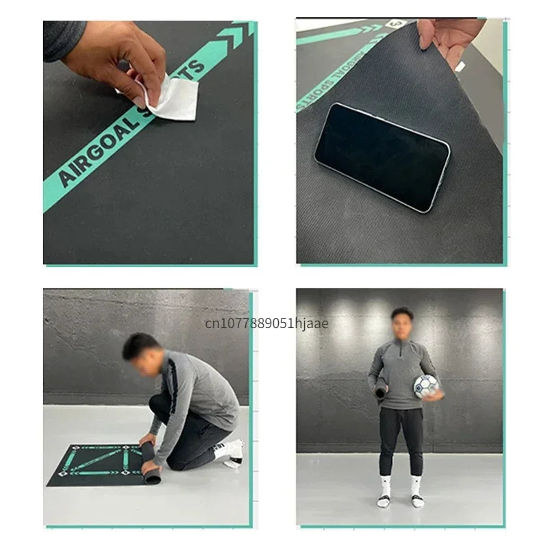 Black, portable football training mat with green markings, easy to wipe clean, rollable design for storage.