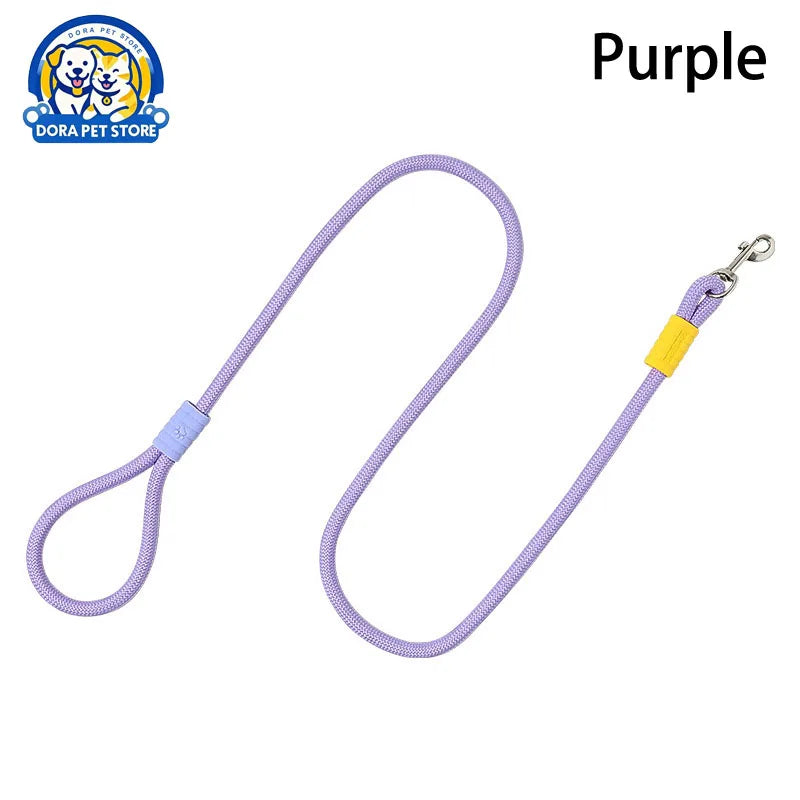 Purple rope dog lead featuring a vibrant yellow accent and a silver metal clasp.