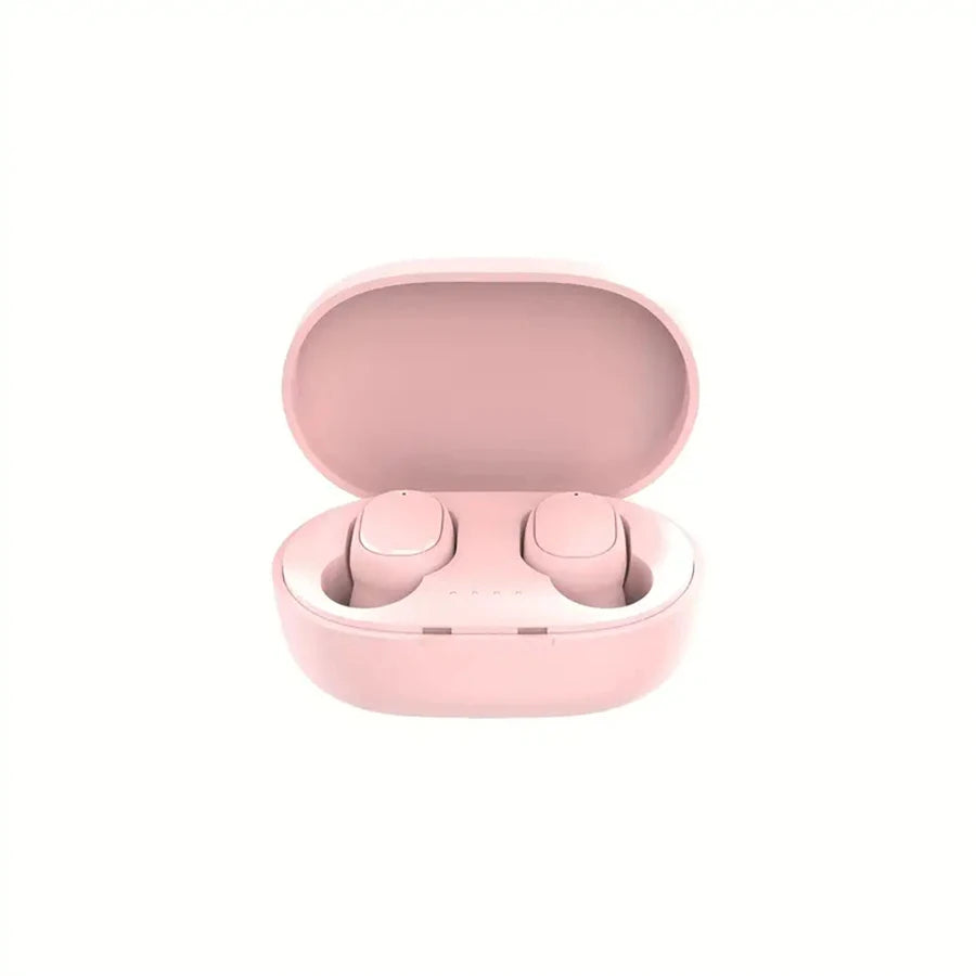 Pastel pink wireless earbuds in a matching compact charging case, featuring a smooth, minimalist matte design.