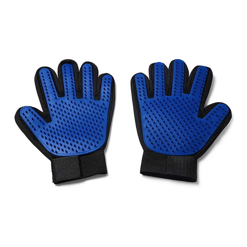Pair of blue pet grooming gloves with black velcro wrist straps and rubber grooming nubs on the palms.
