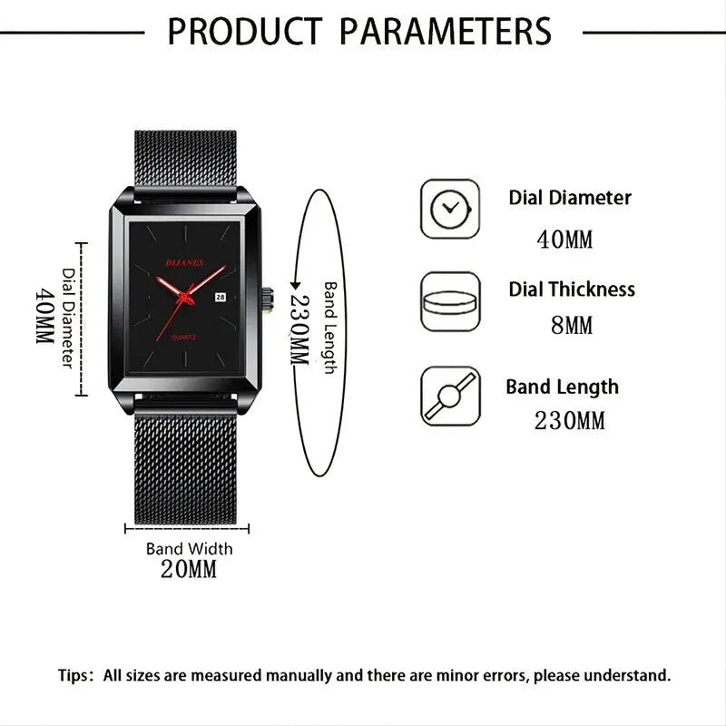 Men’s square quartz watch with a black dial, red hands, and a black stainless steel mesh strap. Includes size specs.