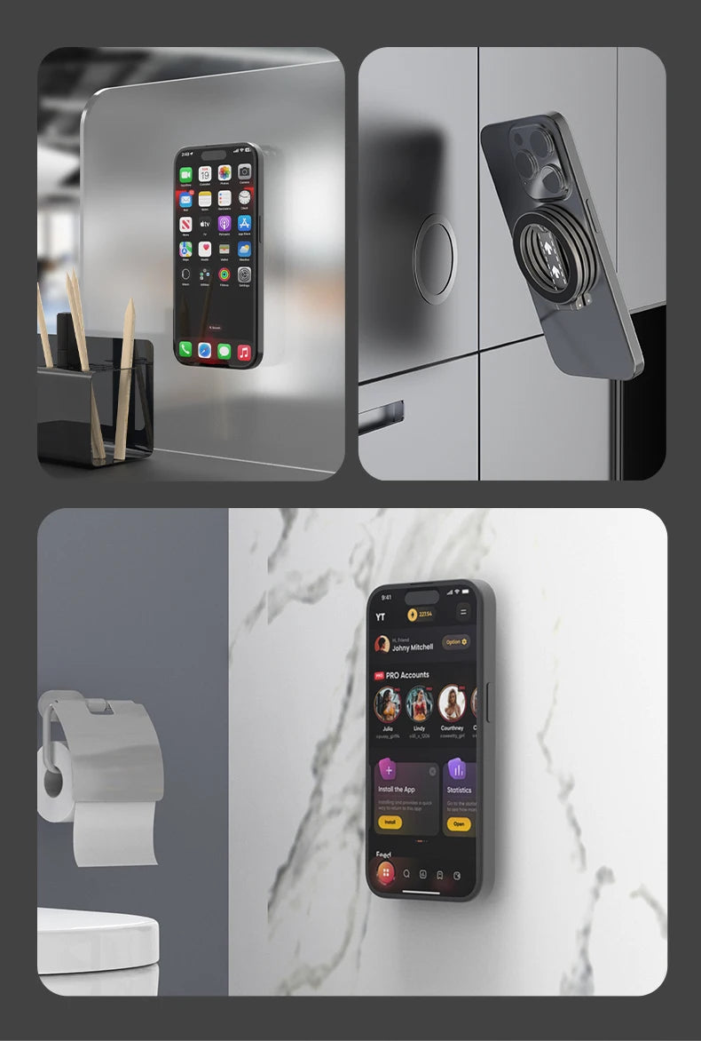 Black magnetic smartphone mount attached to a phone, showing it adhered to smooth, vertical surfaces.