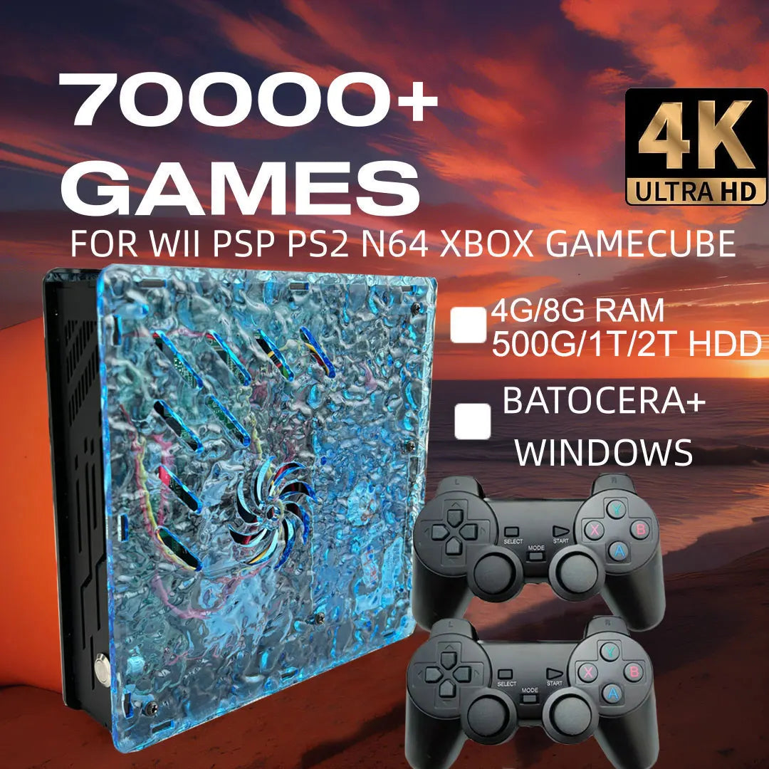 X10 retro game console with blue water-texture faceplate, cooling fan, and two black gamepads.
