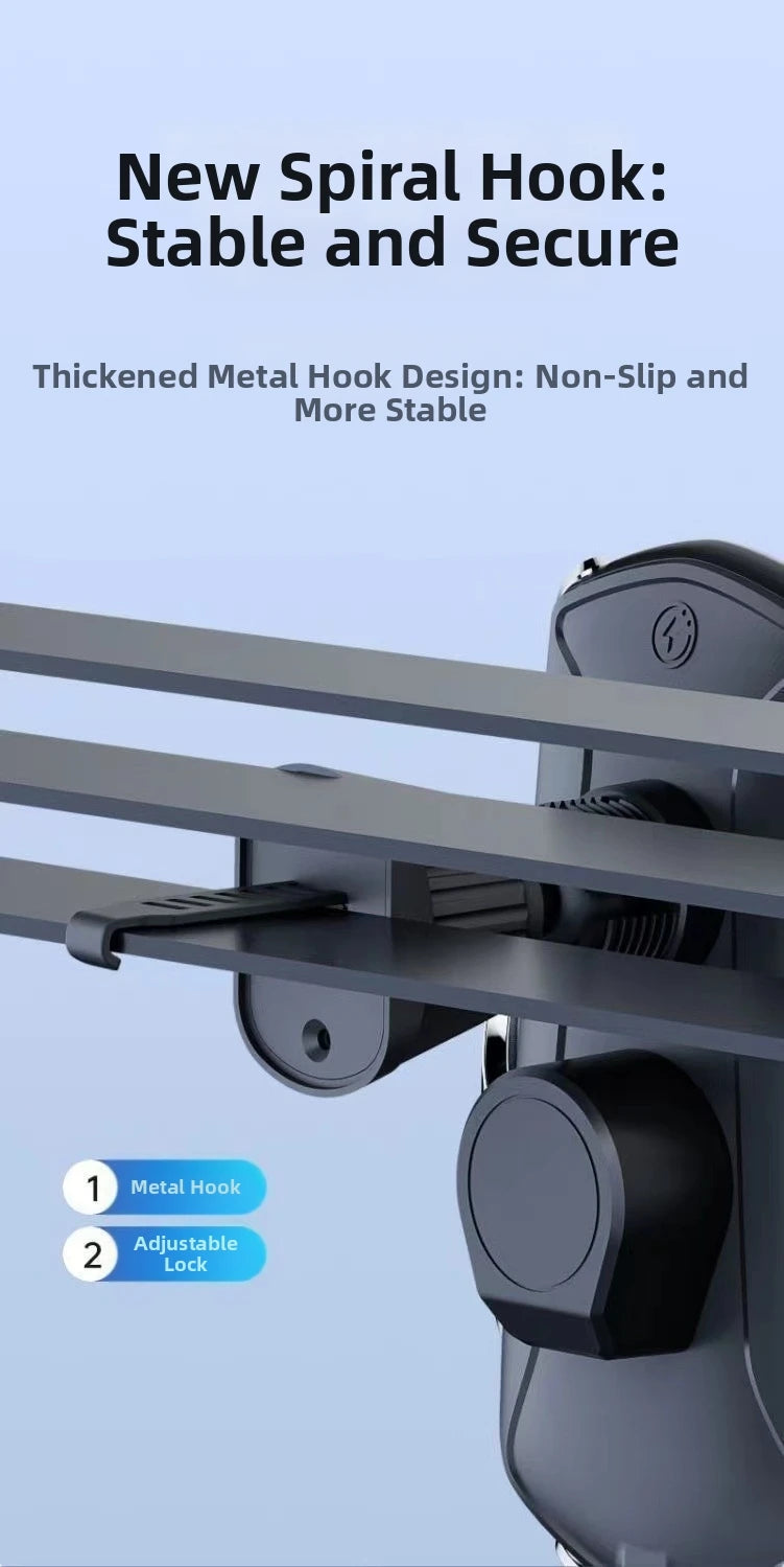 Black car air vent mount with a secure, thickened metal spiral hook and adjustable locking mechanism for stability.