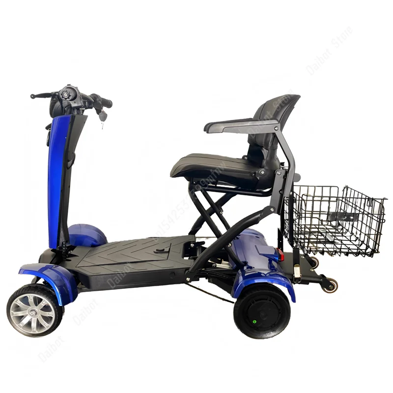 Blue 4-wheel electric mobility scooter with a black seat, handlebars, and a rear storage basket.