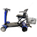 Blue 4-wheel electric mobility scooter with a black seat, handlebars, and a rear storage basket.