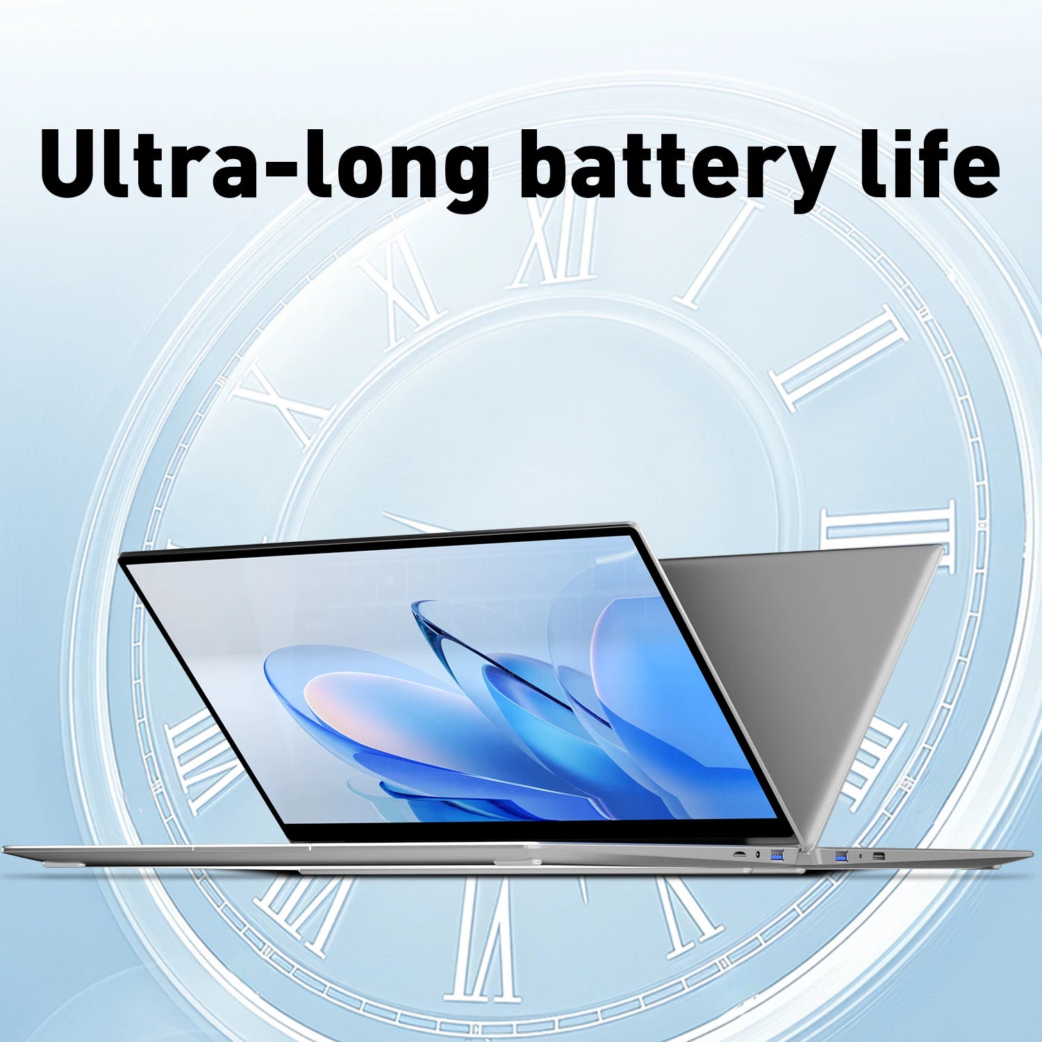 Slim silver 14.1-inch laptop with a vibrant screen against a light blue clock background. Text reads "Ultra-long battery".