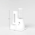 White automatic pet feeder with a clear food canister and basin, showcasing product dimensions.