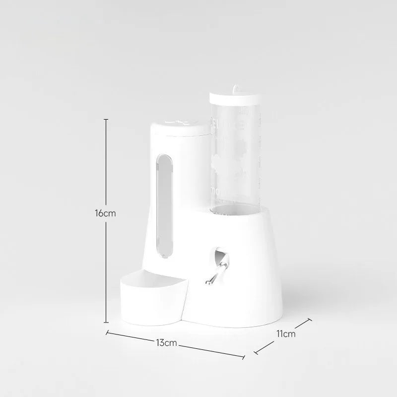 White automatic pet feeder with a clear food canister and basin, showcasing product dimensions.