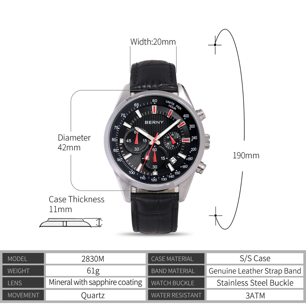 BERNY men's chronograph quartz watch with black dial, silver case, and black leather strap, showing dimensions.