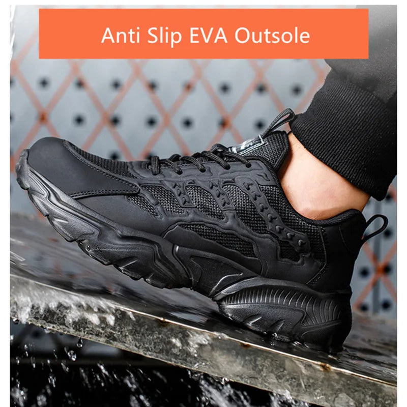 Black lightweight safety sneaker with steel toe and anti-slip EVA outsole.
