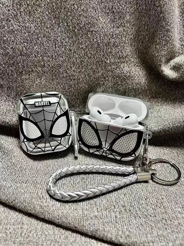 Clear Marvel Spider-Man hard case for AirPods Pro, featuring a silver braided wrist strap and web design.