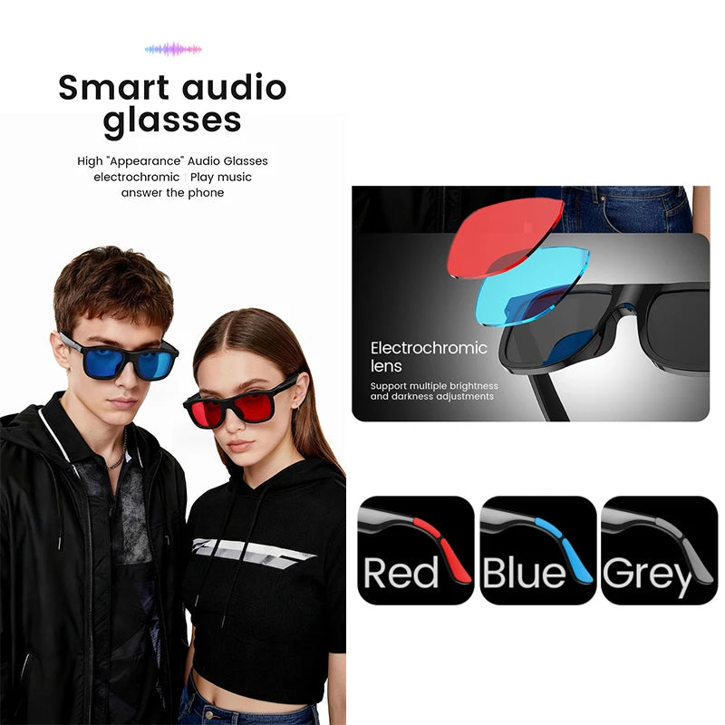 Smart audio glasses with black frames, electrochromic colour-changing lenses, and red, blue, or grey temple accents.