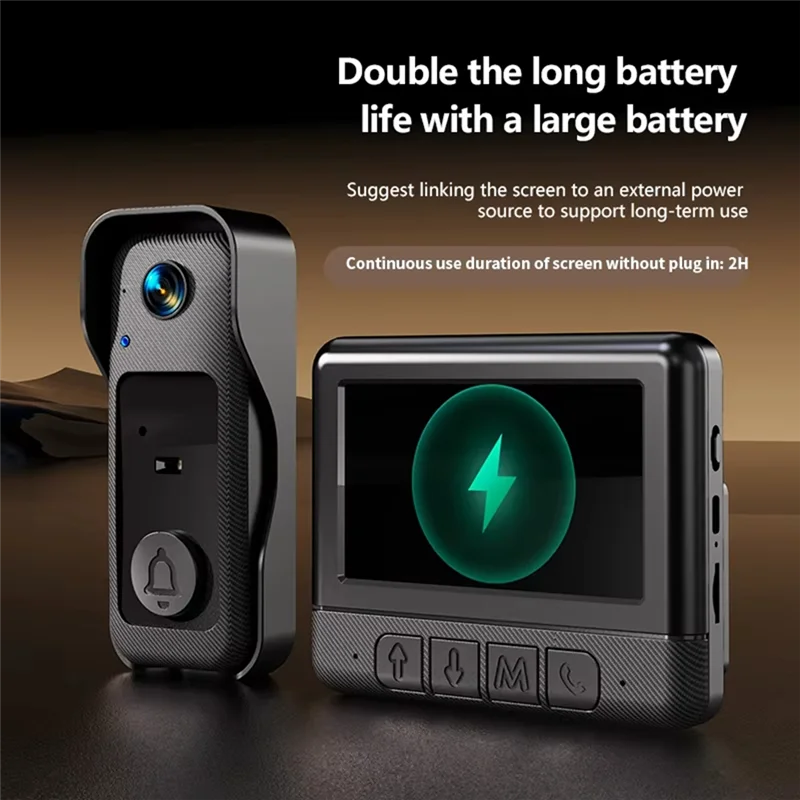 Black smart video doorbell with integrated camera and a portable monitor displaying a charging icon.
