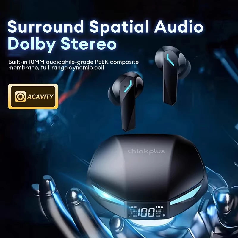 Black wireless earbuds with blue LED accents and a charging case featuring a digital battery display.