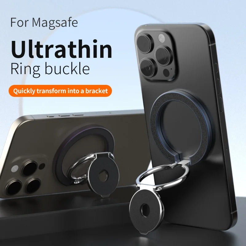 Ultrathin black magnetic phone ring holder and kickstand attached to the back of a smartphone.