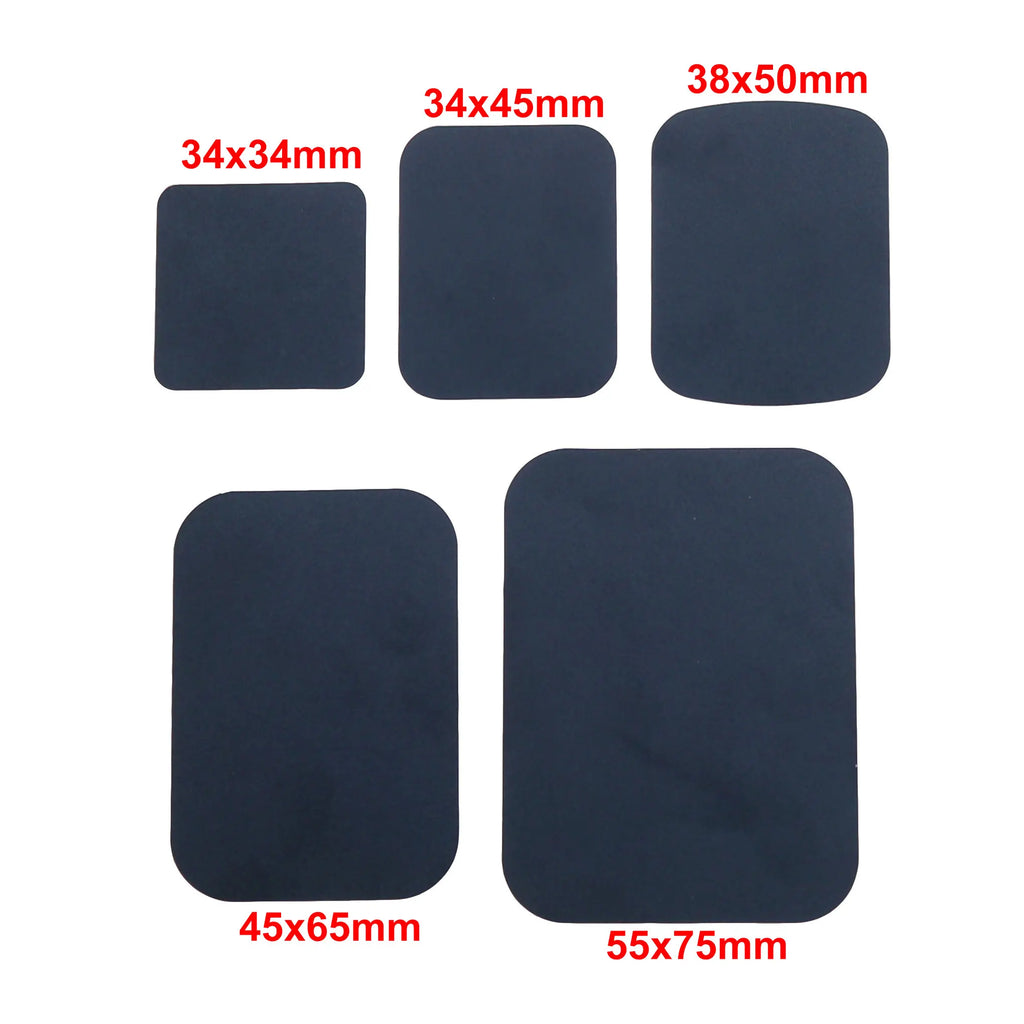 Five matte black rectangular adhesive metal plates with rounded corners in various sizes, labeled with dimensions.