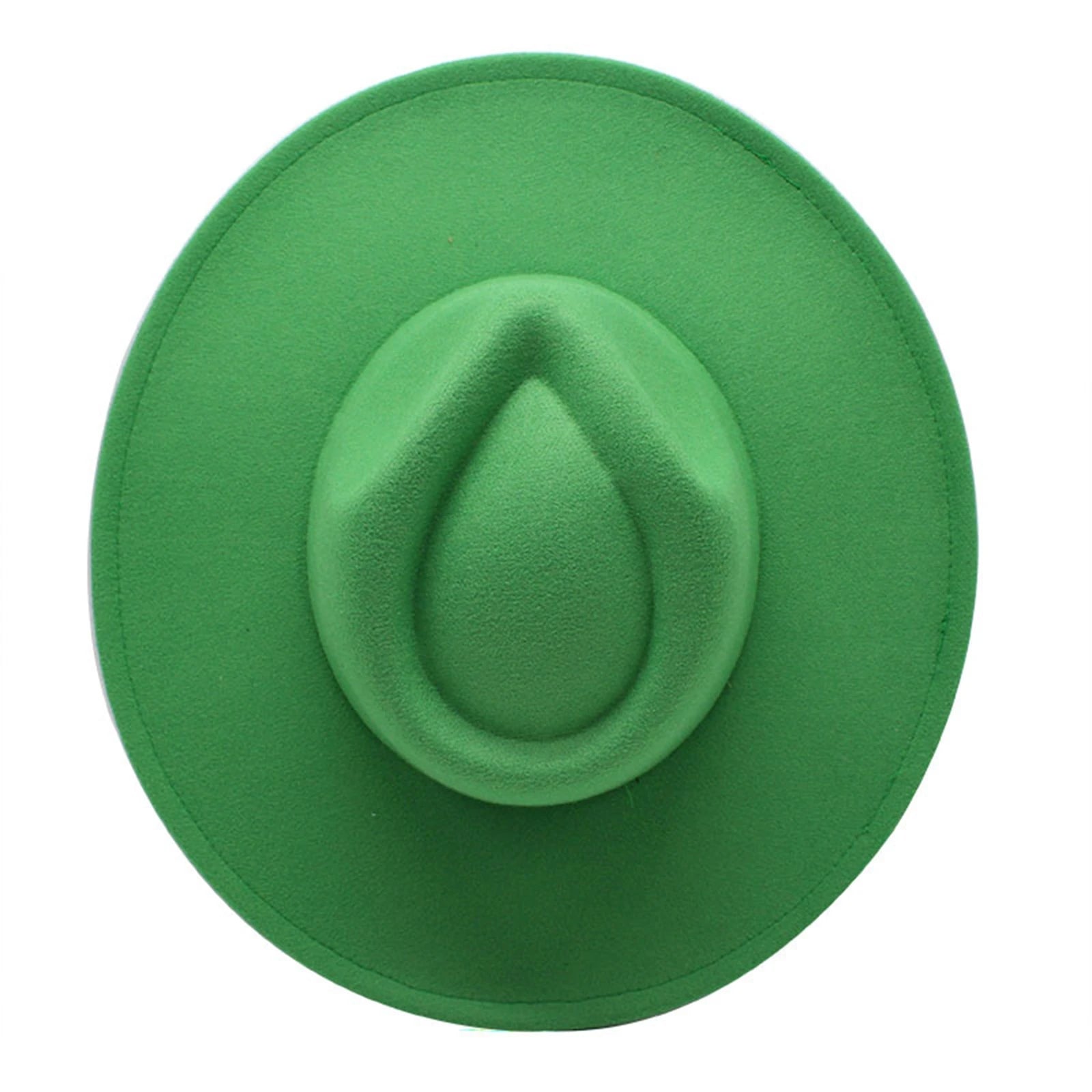 Top-down view of a bright green felt fedora hat with a teardrop-shaped crown, isolated on a white background.